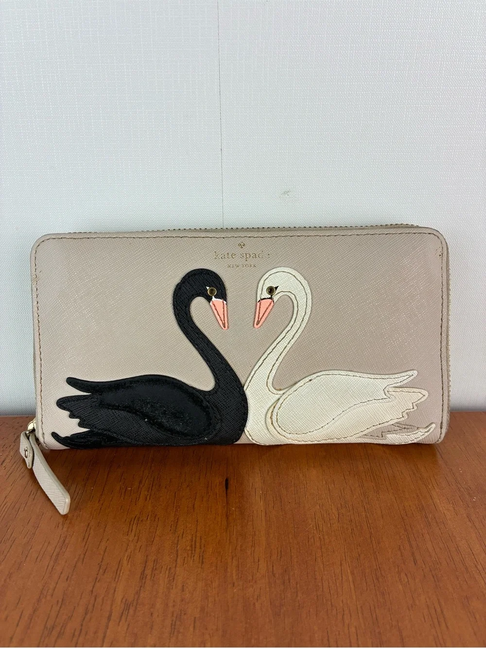 Kate Spade On Pointe Black White Swan Applique Lacey Zip Around Wallet
